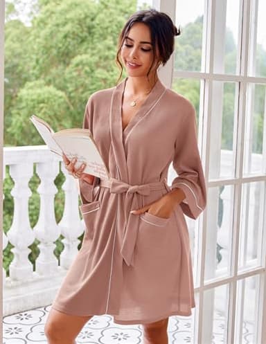 Ekouaer Women Robes Waffle Knee Length Bathrobe Lightweight Soft Sleepwear V neck 3/4 Sleeve Casual Ladies Loungewear Pink M - Image 4