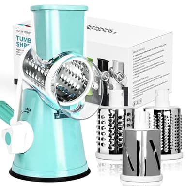 X Home Rotary Cheese Grater for Kitchen, Shredder with 3 Interchangeable Blades, Rotary Grater with Handle and Strong Suction Base, for Vegetables, Fruit, Nuts, Easy to Use and Clean, Blue - Image 1
