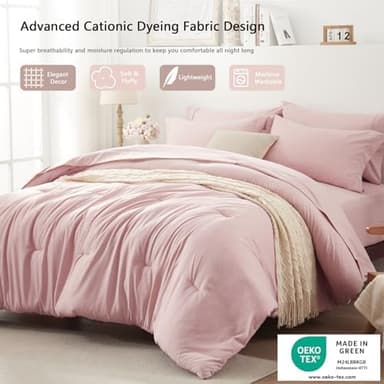 UNILIBRA Queen Comforter Set 7 Pieces Bed in a Bag - Pink Queen Soft Bedding Set for All Seasons - Cationic Dyeing Bed Comforter Sets with Comforter, Flat Sheet, Fitted Sheet, Pillowcases & Shams - Image 4