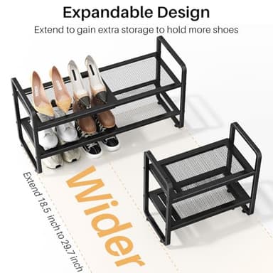 Shoe Rack - Expandable Shoe Organizer for Closet, Adjustable Metal Shoe Shelf Storage, 2 Tier Stackable Long Shoe Stand Holder for Garage, Entryway, Door Entrance, Black - Image 4