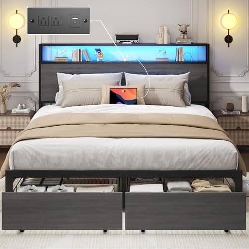 Lifezone Queen Bed Frame with 2-Tier Storage Headboard, Metal Bed Frame with Storage Drawers & Built-in Charging Station & LED, Noise-Free, No Box Spring Needed, Easy Assembly, Rustic Grey - Image 1