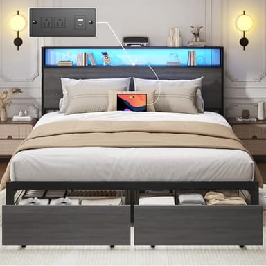 Lifezone Queen Bed Frame with 2-Tier Storage Headboard, Metal Bed Frame with Storage Drawers & Built-in Charging Station & LED, Noise-Free, No Box Spring Needed, Easy Assembly, Rustic Grey - Image 1
