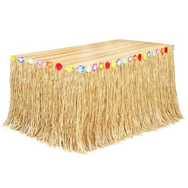 Fovths Luau Grass Table Skirt Natural 9 Feet x 29.5 Inch Hawaiian Table Skirt for Tropical Hawaiian Party Decorations Luau Costume Party, Straw Yellow - Image 1