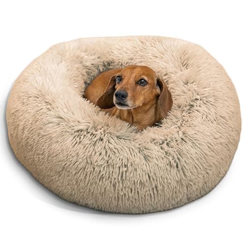Best Friends by Sheri Original Calming Donut Dog and Cat Bed, Shag Faux Fur, Taupe, (23in x 23in) - Anxiety Relief for Pets Up to 25 lbs - Image 1