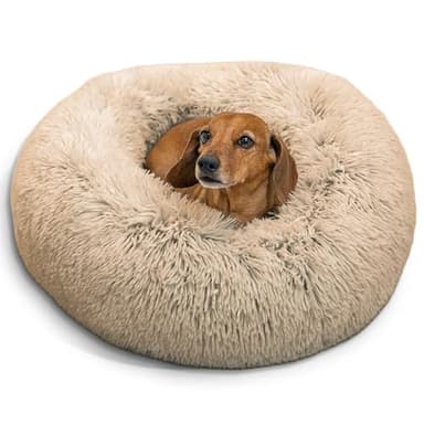 Best Friends by Sheri Original Calming Donut Dog and Cat Bed, Shag Faux Fur, Taupe, (23in x 23in) - Anxiety Relief for Pets Up to 25 lbs - Image 1