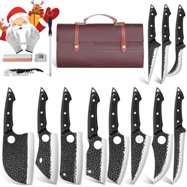 TAN REN 17PCS Butcher Knife Set with Bag, High Carbon Steel BBQ Knife Set for Meat Cutting, Hand Forged Serbian Chef Knives for Man Home & Outdoor Cooking,Father's Day Gift - Image 1