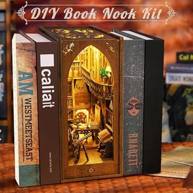 CRIOLPO Book Nook Kit - DIY Doll House Booknook, Book Nook Miniature Kit for Bookshelf Doll Houses for Adults Teen Halloween, 3D Wooden Puzzle Bookends with Sensor Led Light - Image 2