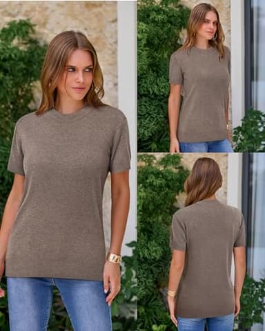 Arach&Cloz Womens Summer Fall Fashion Tops Work Formal Teacher 2025 Short Sleeve Sweaters Blouses Dressy Casual Cloth Business Outfits Black White Spring Linen Plus Size Halloween Winter (Coffee,L) - Image 5