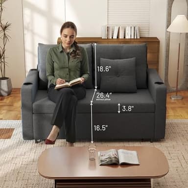 Krcix 3 in 1 Sofa Bed, 56 Inch Convertible Pull Out Couch, Loveseat Sleeper Sofa with Cup Holders, USB, Sofa Couches for Living Room, Bedroom, Apartment, Dark Grey - Image 5