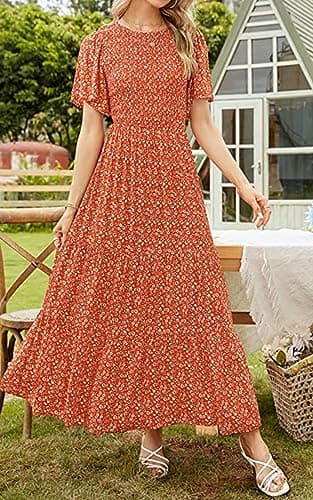 PRETTYGARDEN Women's Summer Casual Boho Dress Floral Print Ruffle Flutter Short Sleeve High Waist Maxi Beach Dresses (Orange,X-Large) - Image 5