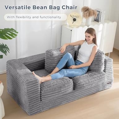 MAXYOYO Giant Bean Bag Chair for Adults, Upholstered Loveseat Floor Sofa with Pillows and Armrests, Large Bean Bag Sofa Plush Chair Bean Bag Couch for Bedroom Living Room, Grey - Image 3