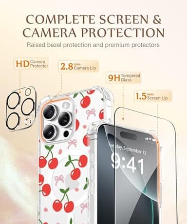 GVIEWIN Magnetic for iPhone 16 Pro Max Case Compatible with MagSafe,[Camera Control Capture Button][Mil-Grade Protection][Screen & Lens Protectors] Slim Clear Floral Phone Case 6.9", Rosy Cherry/Red - Image 7