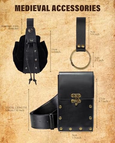 Cellphone Holder Retro Belt Pouch Waist Bag Fanny Pack Steampunk Medieval Renaissance Purse Halloween Costume Accessory (2Pouch-Black) - Image 3