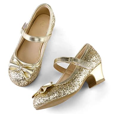 K KomForme Girl's Dress Shoes Mary Jane Glitter 1.5 in Low Heel Wedding Party Princess Shoes for Toddler/Little/Big Kids Gold - Image 2