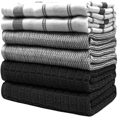 Premium Kitchen Towels (20”x 28”, 6 Pack) | Large Cotton Hand Towels | Flat & Terry Dish Towels | Highly Absorbent Tea Towels Set with Hanging Loop | Black Check - Image 6