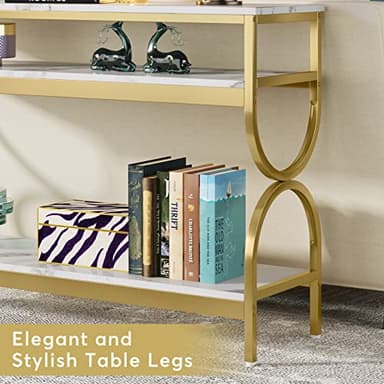 Tribesigns 3-Tier Console Table, 55 inch Sofa Table with Open Storage Shelves, Narrow Long Hallway/Entryway Table with Faux Marble Top for Home Living Room Entryway, White & Gold - Image 6
