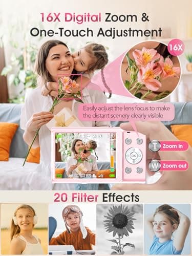 Digital Camera,Autofocus 4K Vlogging Camera for Photography with 32GB Card,48MP Portable Compact Point and Shoot Digital Camera for Teens Adult Beginner with 16X Zoom,Anti-Shake,2 Batteries(Pink) - Image 4