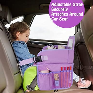 MENZOKE Car Seat Tray for Kids Travel, Kids Travel Tray with Educational Drawing Board, Tablet Holder & Cooler Cup Holder, Holiday Gifts for Car Trip, Purple - Image 8