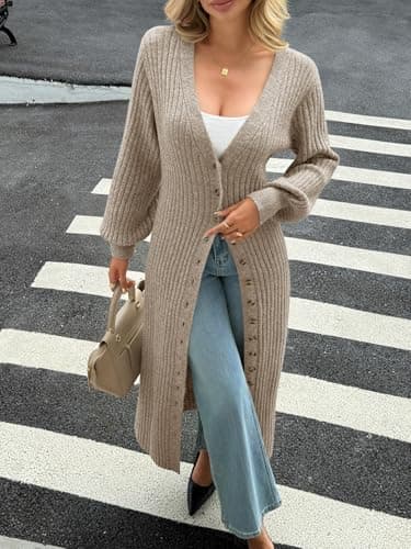 Saodimallsu Womens Long Cardigans V Neck Button Down Chunky Knit Dusters Sweater Coat Fall Trendy Maxi Sweater Dress Khaki - Image 3
