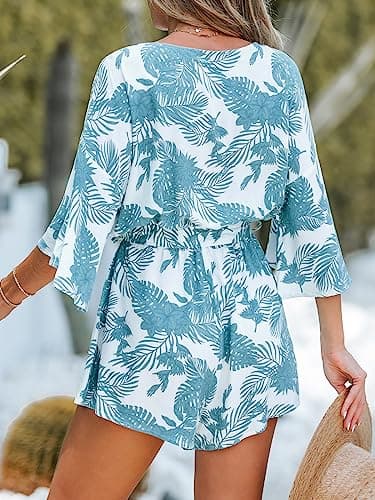 CUPSHE Women's Tropical Floral Leaf Print Belted Romper Mini Jumpsuit with Flare Sleeves - Image 2
