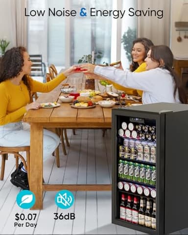 Feelfunn Beverage Refrigerator and Cooler - 126 Can Mini Fridge Glass Door for Soda Beer Wine - Freestanding Beverage Fridge for Bedroom Office Bar, 4 Adjustable Shelves, 3.2 Cu.Ft, Black - Image 6