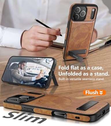 WTCASE Magnetic for iPhone 17 Pro Max Leather Case,Built-in Invisible Stand [Compatible with Magsafe] Protective Slim Kickstand Phone Cover for iPhone 17 Pro Max,Brown - Image 3