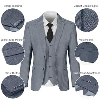 Retro Herringbone Suits for Men 3 Pieces Tweed Prom Man Suit Sets Slim Fit Mens Suits Formal Autumn Winter Tuxedos Denim Blue XL - Image 4