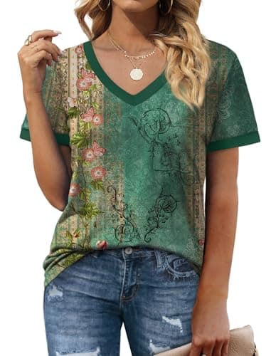 Womens Summer Tops 2025 Trendy Dressy Blouses Short Sleeve Shirts Spring Tops Color Block Tshirts Floral L - Image 2