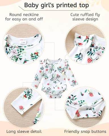 YALLET Baby Girl Clothes Newborn Infant Girl Outfits Floral Romper+Pants+Headband Fall Baby Layettes for Clothing 0-18 Months(Green, 3-6 Months) - Image 3