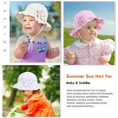 Baby Girl Wide Brim Bucket Hats with UPF 50+ Outdoor Adjustable Beach Hat with Sun Hat(0-6 Months,White Petal & Pink Petal) - Image 2