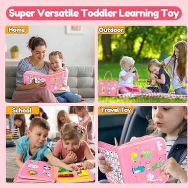 Qizfun Busy Board Book Montessori Toys for 1 2 3 4 Year Old, Girl Birthday Gifts, Educational Sensory Learning Toy for Toddlers 1-3, Car Airplane Travel Activities Toys for Kids Ages 2-4 Year Old - Image 4