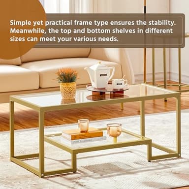 Yaheetech Gold Coffee Table, 42" Rectangular Glass Coffee Table for Living Room, 2-Tier Center Tea Tables with Metal Frame for Small Space, Apartment, Office - Image 5