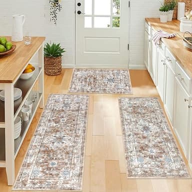Pauwer Kitchen Rugs Sets of 3 Non Slip Washable Kitchen Mats for Floor Farmhouse Kitchen Floor Mat Runner Rug Boho Kitchen Sink Rug Carpet for Kitchen Hallway Laundry Room, Vintage Cream Tan - Image 5
