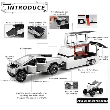 Miortior Truck Toy, Car Toy with RV, Motorcycle Cybertquad and Truck, 1/32 Alloy Diecast Pickup Trailer Model Kit with Light and Sound, for Kids Aged 6 and Up - Silver - Image 3