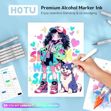 HOTU Alcohol Markers Brush Tip -60 Virant Colors Daul Tips Art Markers Set, for Artist Adults Coloring Illustrations, with Seamless Blending, Colorless Blender, Anti-Bleeding Pad, &Premium Ink - Image 2