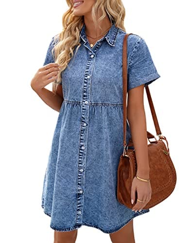 LookbookStore Jean Dress for Women Trendy Denim Babydoll Dress Short Sleeve Holiday Dresses for Women Summer 2025 Reef Blue Size 8 10 - Image 1