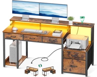 AODK 55 Inch Computer Desk with 3 Drawers and File Cabinet for Storage, Office Desk with Monitor Stand and LED Lights, Home Office Desks, Vintage - Image 1