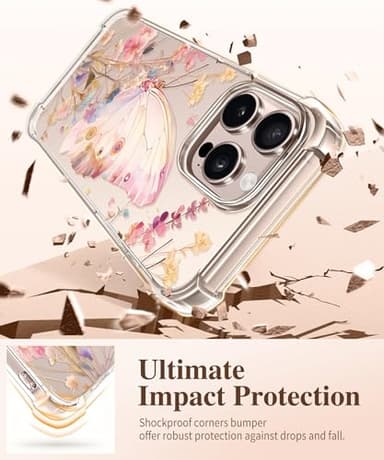 GVIEWIN for iPhone 16 Pro Max Case, with Screen Protector & Camera Lens Protector, Military-Grade Protection, Clear Shockproof Slim Floral Women Phone Case for iPhone 16 Pro Max, Magic Butterfly - Image 4
