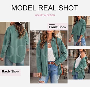 Dokotoo School Outfits for Teachers Early Fall Fashion Soft Cuffed Sleeve Corduroy Collar Shirts Teacher Outfits for Women Trendy Fall Clothes Long Plus Size Button Down Blouse Tops XL Green - Image 3