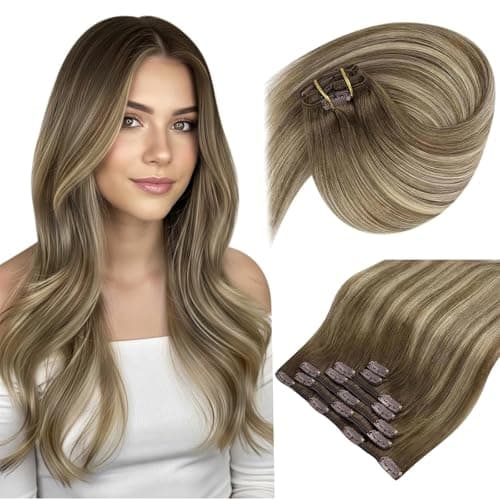 Sunny Hair Clip in Hair Extensions Straight Human Hair Clip in Extensions Remy Clip in Hair Extensions Real Human Hair Extensions Clip ins Ombre Walnut Brown to Light Brown Blonde 20 - Image 1