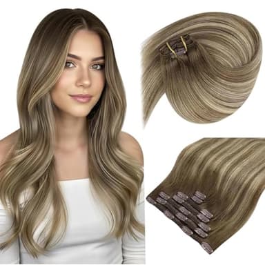 Sunny Hair Clip in Hair Extensions Straight Human Hair Clip in Extensions Remy Clip in Hair Extensions Real Human Hair Extensions Clip ins Ombre Walnut Brown to Light Brown Blonde 20 - Image 1
