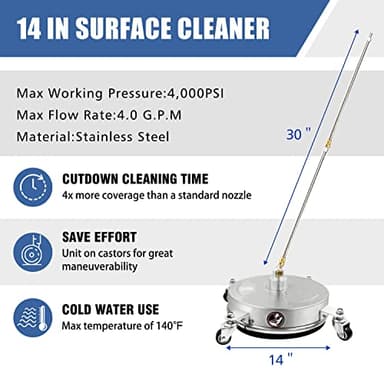 janz 14" Pressure Washer Surface Cleaner with 4 Wheels, Stainless Steel Housing, 1/4" Quick Plug, 2 Extension Wands, 2 Replacement Nozzles and 3 Spray Nozzles, 4000 PSI - Image 2