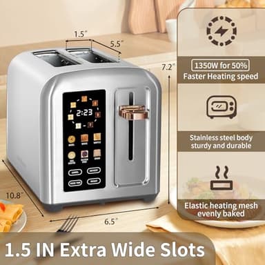 SEEDEEM Toaster 2 Slice, Full Touch Control Stainless Toaster, LCD Display, 50% Faster Heating Speed, 6 Bread Type, 7 Shade Setting, 1.5''Wide Slots, Removable Crumb Tray, 1350W, Silver Metallic - Image 3