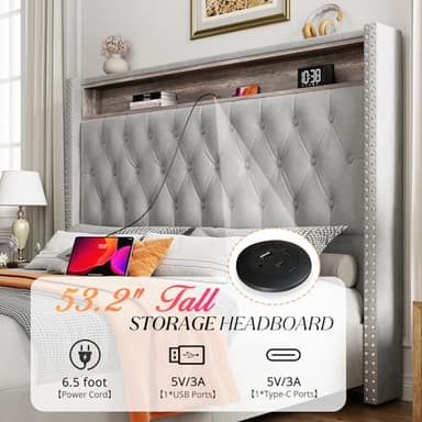 Jocisland Queen Size Bed Frame 53.6'' Tall Headboard LED Lights and Charging Station, Velvet High Upholstered Platform Bed Wingback Storage, No Box Spring Needed, No Motion Light Under Bed, Light Gray - Image 3
