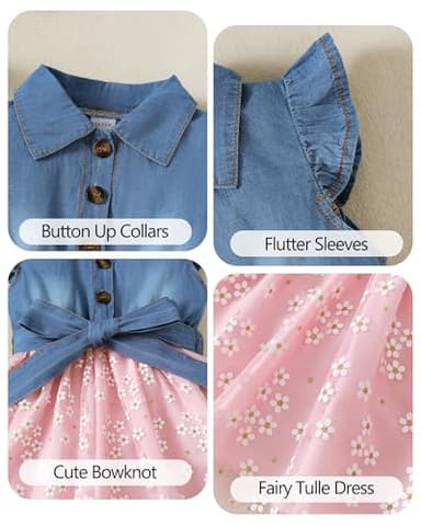 Toddler Girl Clothes 2T 3T Summer Outfit Girls Denim Tulle Dress Princess Ruffle Short Sleeve Tutu Prom Sundress Cute Toddler Pink Floral Dresses - Image 4