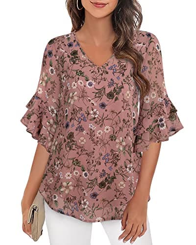 VALOLIA Floral Blouses: 3/4 Sleeve Tops For Womens - Blouse For Women Casual - Blouses For Women Dressy Casual Plus Size Pink Floral X-Large - Image 1