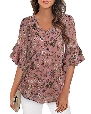 VALOLIA Floral Blouses: 3/4 Sleeve Tops For Womens - Blouse For Women Casual - Blouses For Women Dressy Casual Plus Size Pink Floral X-Large - Image 1