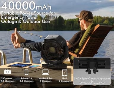 40000mAh Battery Powered Camping Fan, 136Hrs Cooling, Rechargeable Fan High Velocity, Auto 45°/90° Oscillation, Remote & Timer Battery Operated Fan for Car Travel RV Garage Patio Hurricane Emergency - Image 3