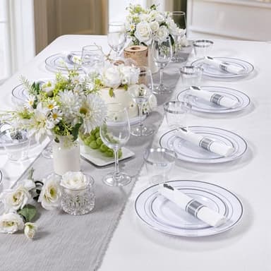 DaYammi 350PCS Silver Plastic Dinnerware Set for 50 Guests, Fancy Disposable Plates for Party, Include: 50 Dinner Plates, 50 Dessert Plates, 50 Pre Rolled Napkins with Silver Silverware, 50 Cups - Image 5