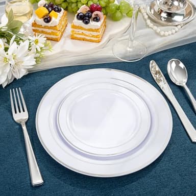 NOCCUR 200PCS Silver Plastic Plates Disposable for 100 Guests - Include 100 Dinner / 100 Dessert Plates Heavy Duty - Ideal for Party&Wedding - Image 5